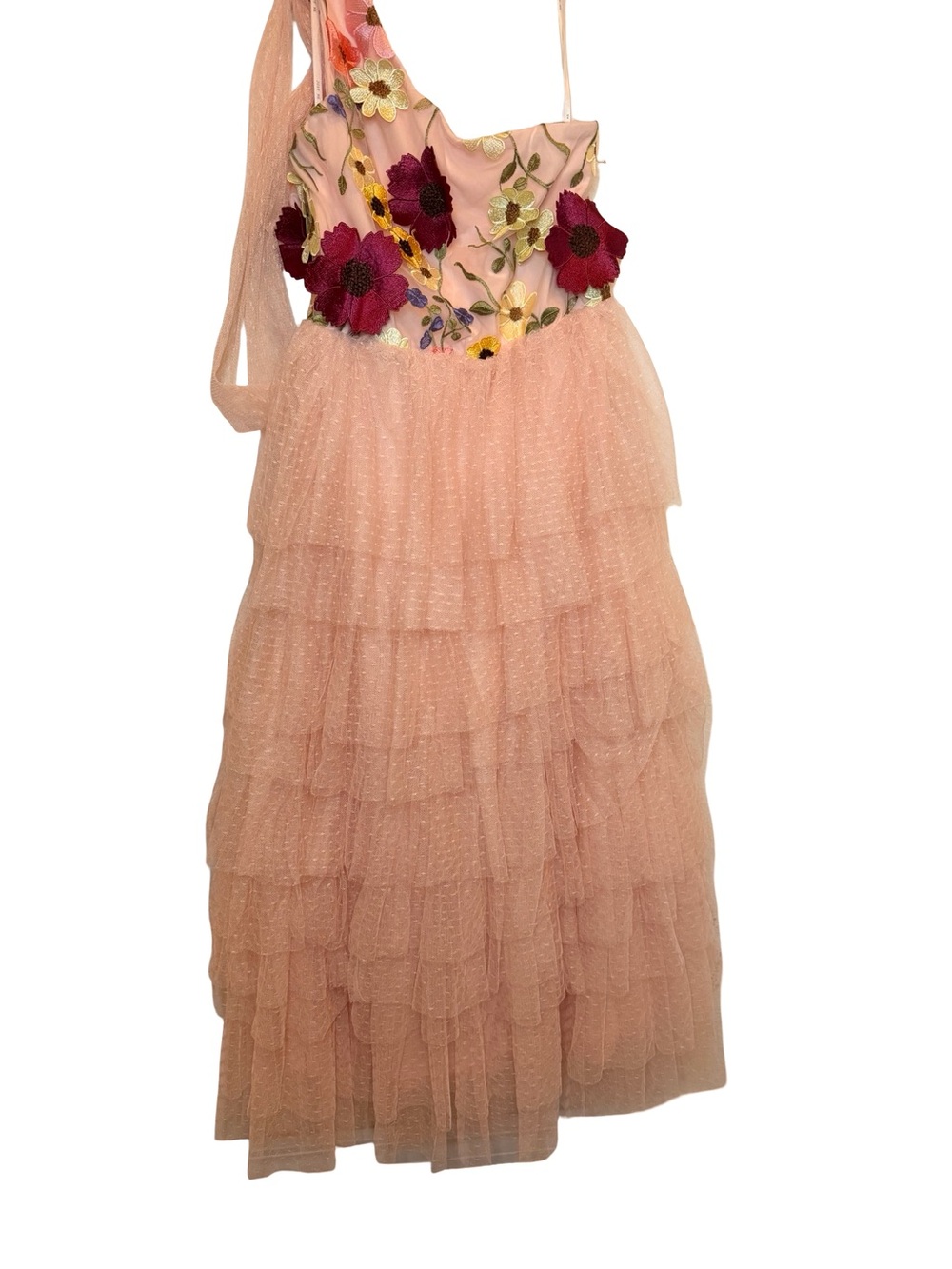 NWT Just Me Floral Embroidered One Shoulder Tiered Tulle Midi Blush Pink Dress M - Picture 7 of 7